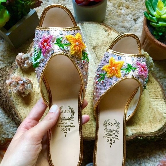 {Vintage} Beaded Slip On Chinese Sequin Slipper, 7 - Picture 2 of 8
